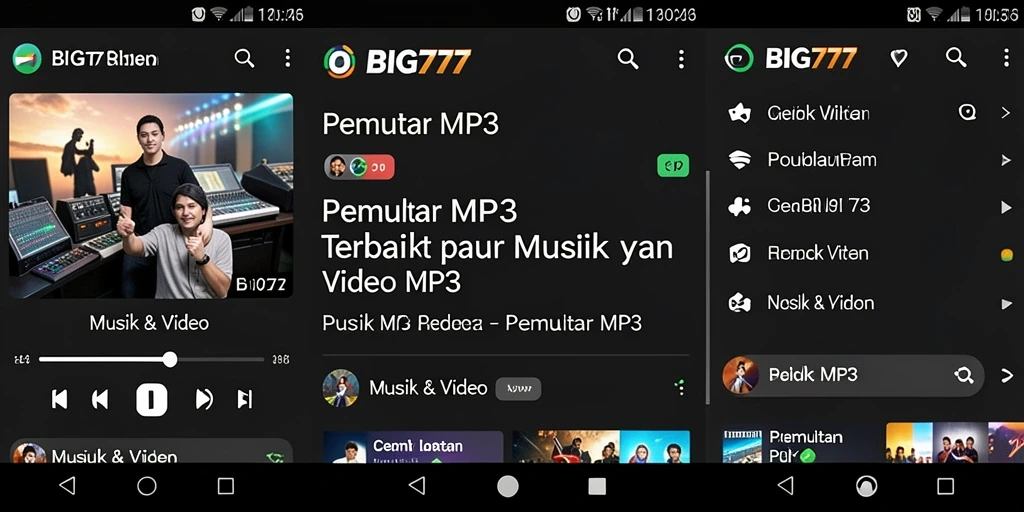 Antarmuka aplikasi Pemutar MP3 BIG777 yang modern dan menarik.