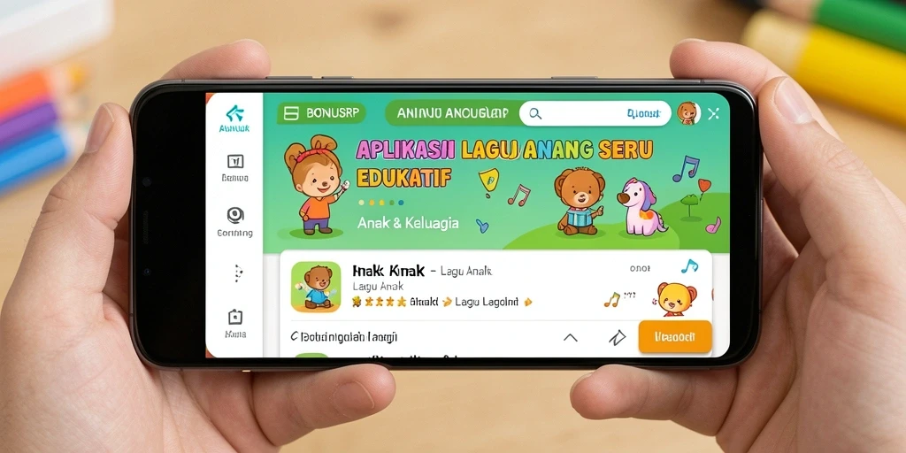 Tampilan antarmuka aplikasi BONUSRP yang ramah anak dengan lagu-lagu ceria.